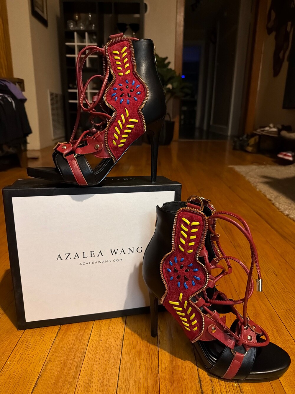 Azalea Wang High Heel Sandals Black Red Leather Suede Stiletto